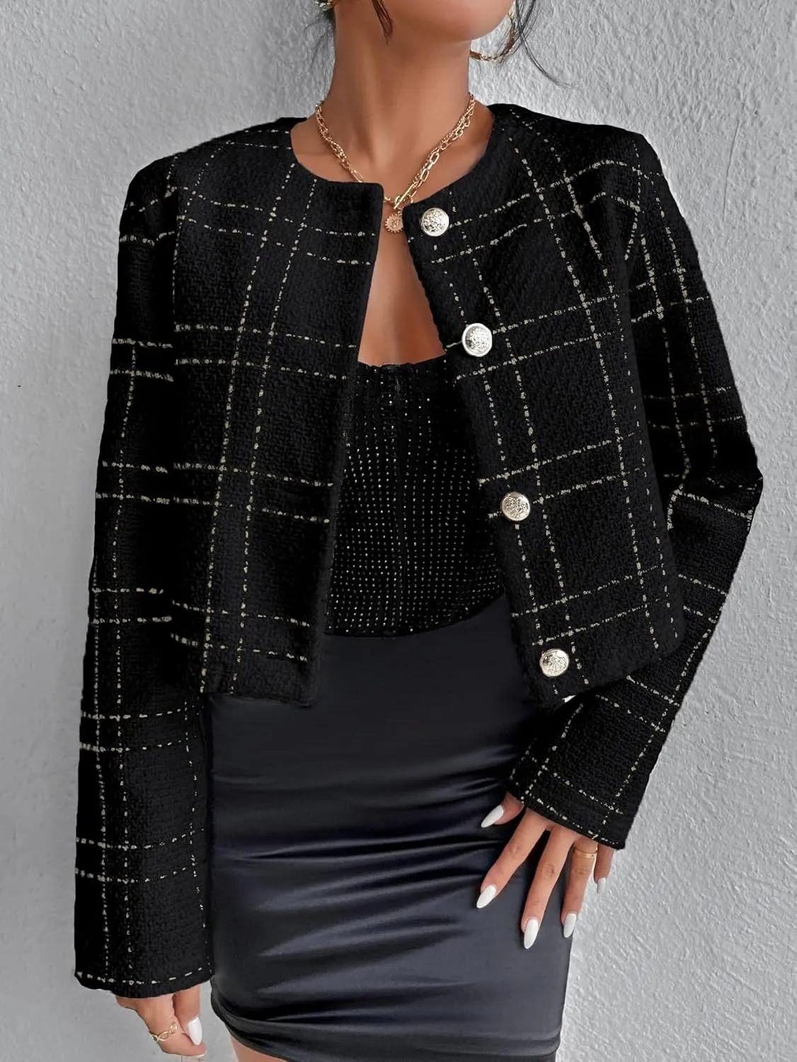 SweatyRocks Women's Plaid Long Sleeve Round Neck Button Down Crop Jacket Single Breasted Short Coat Top