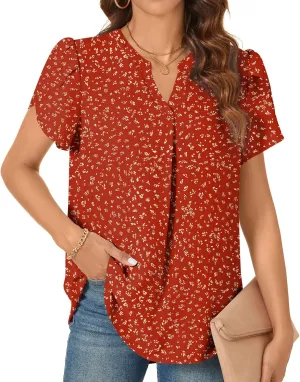 TAOHUADAO Womens Dressy Chiffon Blouses Summer Casual T-Shirts Petal Short Sleeve V Neck Tunic Tops for Leggings