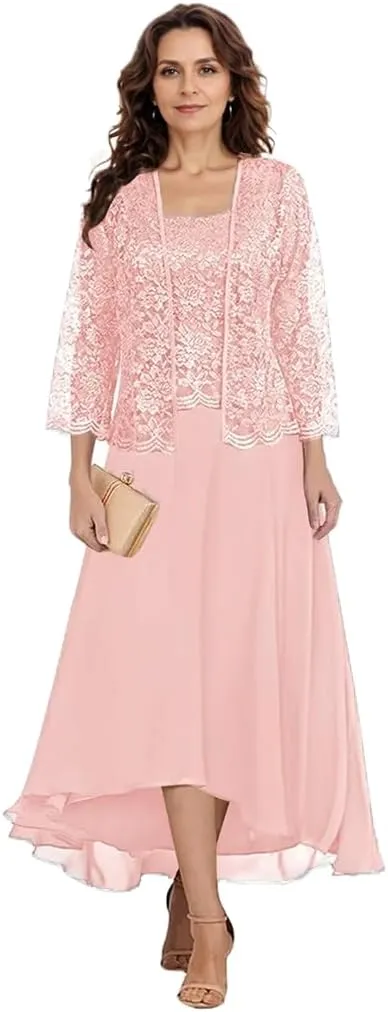 Tea Length Mother of The Bride Dresses with Jacket Floral Lace 2 PCs Formal Evening Gowns for Wedding Guest