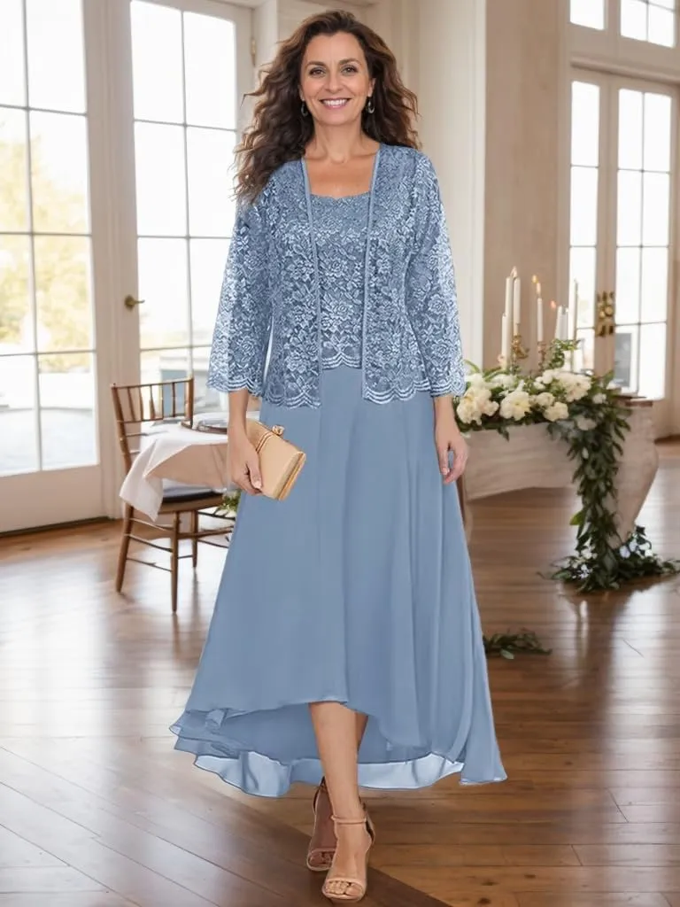 Tea Length Mother of The Bride Dresses with Jacket Floral Lace 2 PCs Formal Evening Gowns for Wedding Guest