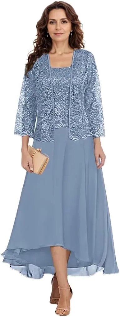 Tea Length Mother of The Bride Dresses with Jacket Floral Lace 2 PCs Formal Evening Gowns for Wedding Guest