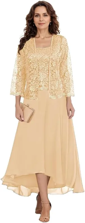 Tea Length Mother of The Bride Dresses with Jacket Floral Lace 2 PCs Formal Evening Gowns for Wedding Guest