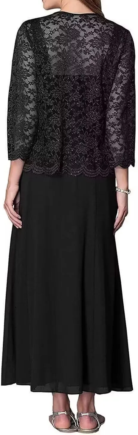 Tea Length Mother of The Bride Dresses with Jacket Floral Lace 2 PCs Formal Evening Gowns for Wedding Guest