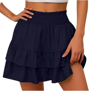 Tiered Ruffle Boho Skirts for Women Summer Cute Mini Skirt Solid Bohemian Vacation Skirts Pleated Short Skirt