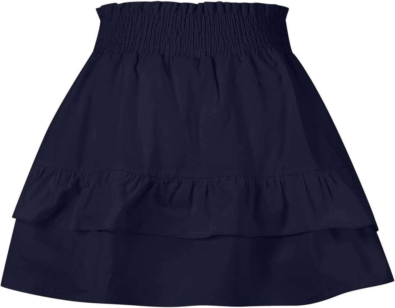 Tiered Ruffle Boho Skirts for Women Summer Cute Mini Skirt Solid Bohemian Vacation Skirts Pleated Short Skirt