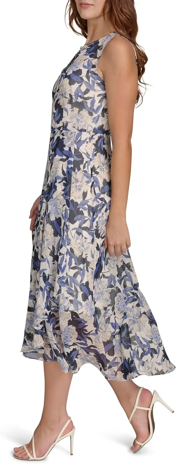 Tommy Hilfiger Women's Sleeveless High Neck Chiffon Hi Lo Midi Dress