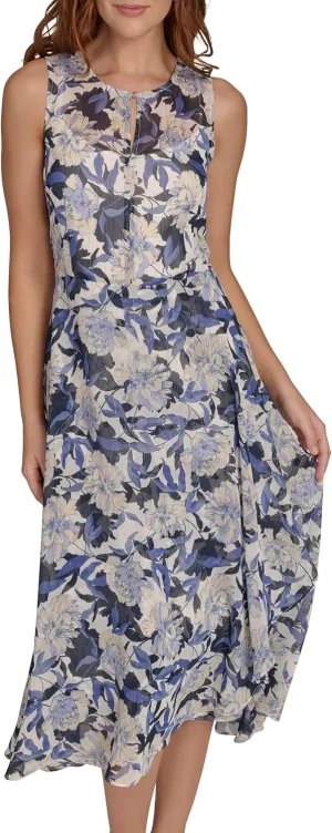 Tommy Hilfiger Women's Sleeveless High Neck Chiffon Hi Lo Midi Dress