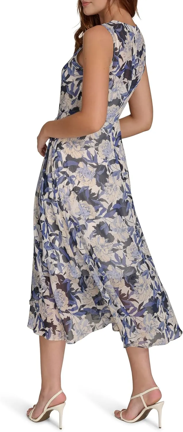 Tommy Hilfiger Women's Sleeveless High Neck Chiffon Hi Lo Midi Dress
