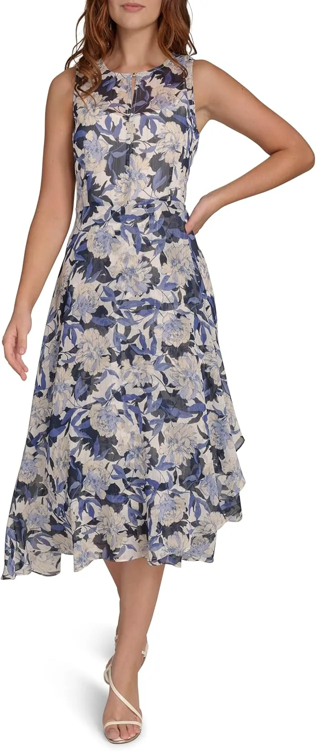 Tommy Hilfiger Women's Sleeveless High Neck Chiffon Hi Lo Midi Dress