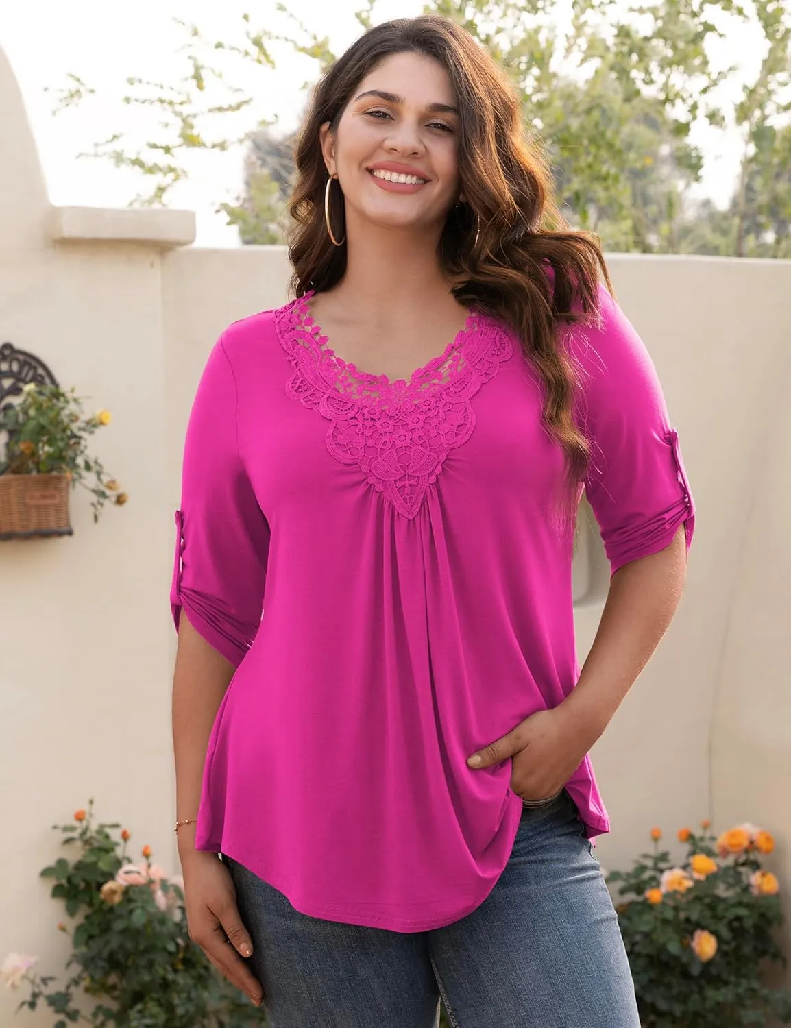 Tralilbee Women's Plus Size Tunic Tops 3/4 Roll Sleeve Shirts Lace Crochet V Neck Casual Blouses