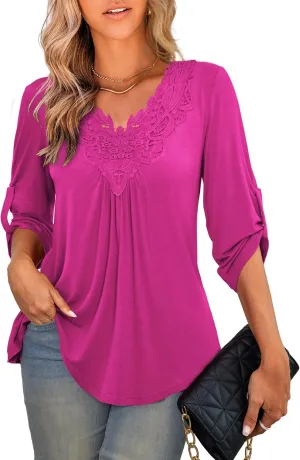 Tralilbee Women's Plus Size Tunic Tops 3/4 Roll Sleeve Shirts Lace Crochet V Neck Casual Blouses