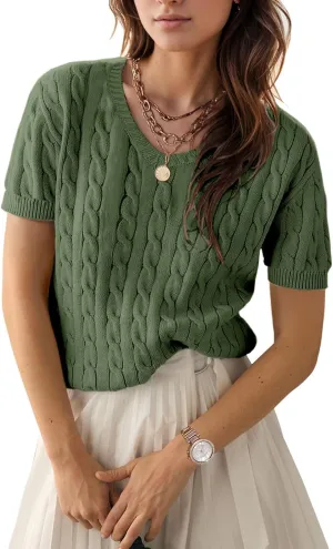 Trendy Summer Tops for Women 2025 Short Sleeve Sweaters V Neck Casual Shirts Cable Knit Cute Blouse Spring Fall Top