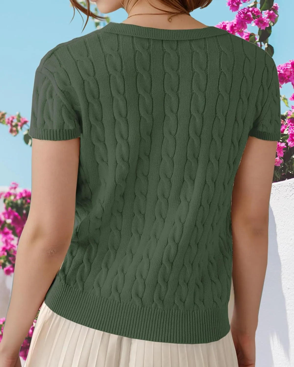 Trendy Summer Tops for Women 2025 Short Sleeve Sweaters V Neck Casual Shirts Cable Knit Cute Blouse Spring Fall Top