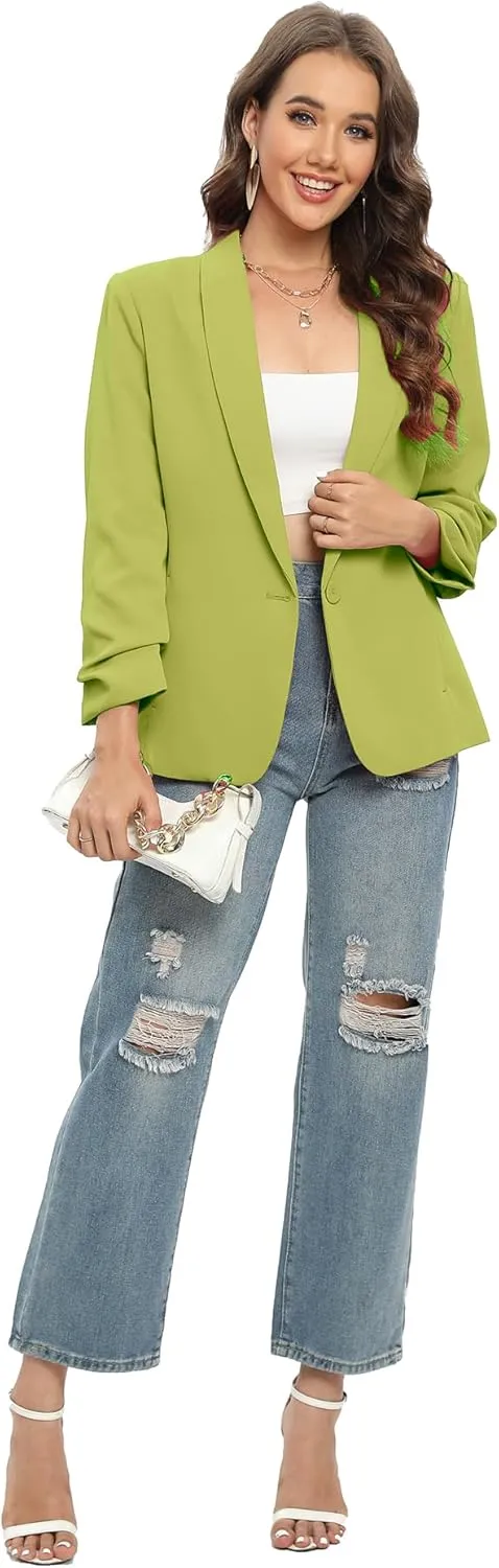 TRNY Womens Blazer Ruched Sleeve Shawl Lapel Suit Blazers Jackets with Pockets for Women Business Casual and Work Office