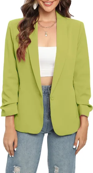 TRNY Womens Blazer Ruched Sleeve Shawl Lapel Suit Blazers Jackets with Pockets for Women Business Casual and Work Office
