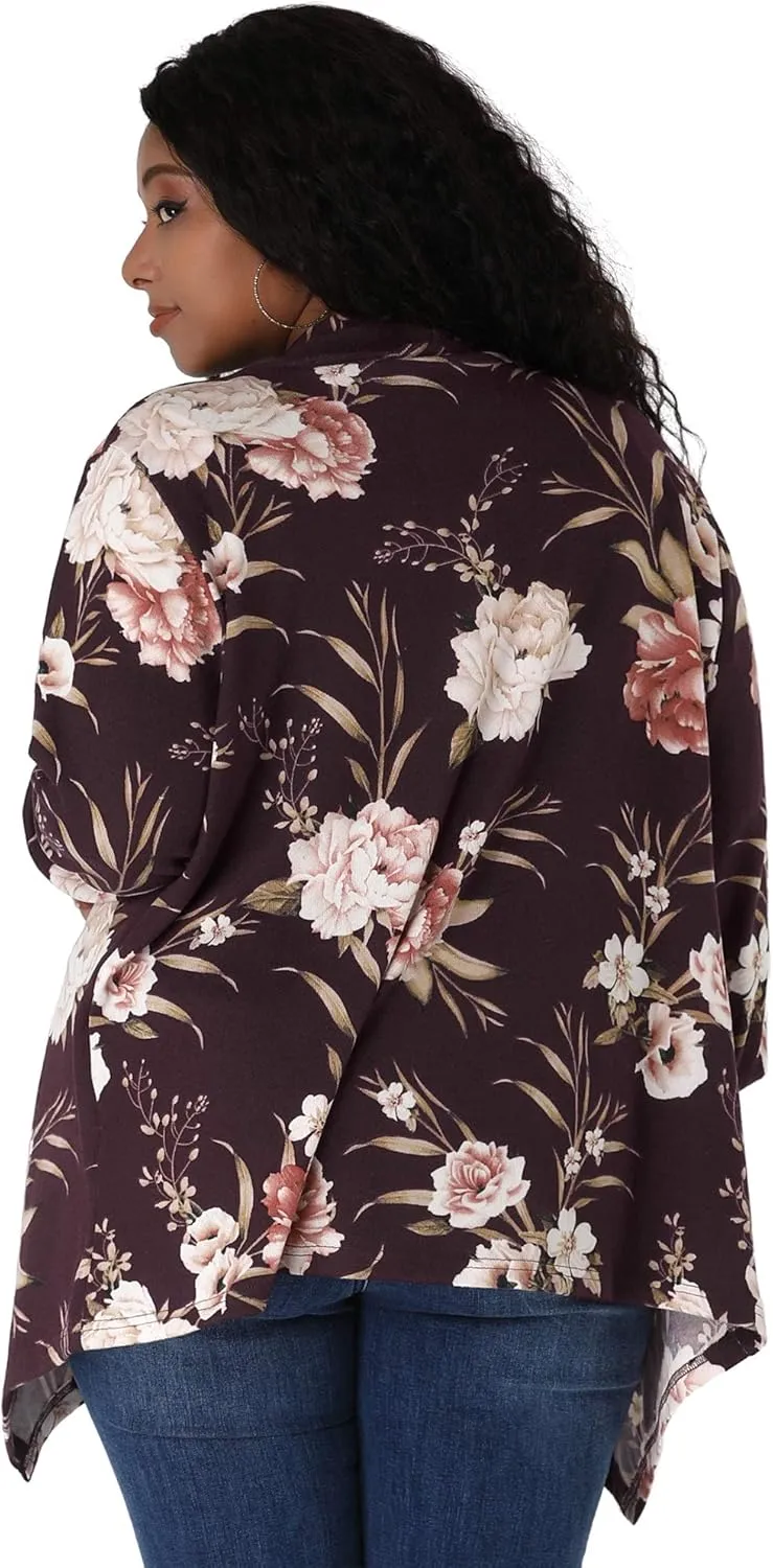uxcell Women's Plus Size Cardigans Open Front Asymmetric Hem Printed Lightweight Jacket Fall Knit Cardigan