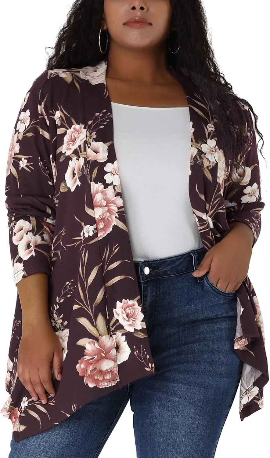 uxcell Women's Plus Size Cardigans Open Front Asymmetric Hem Printed Lightweight Jacket Fall Knit Cardigan