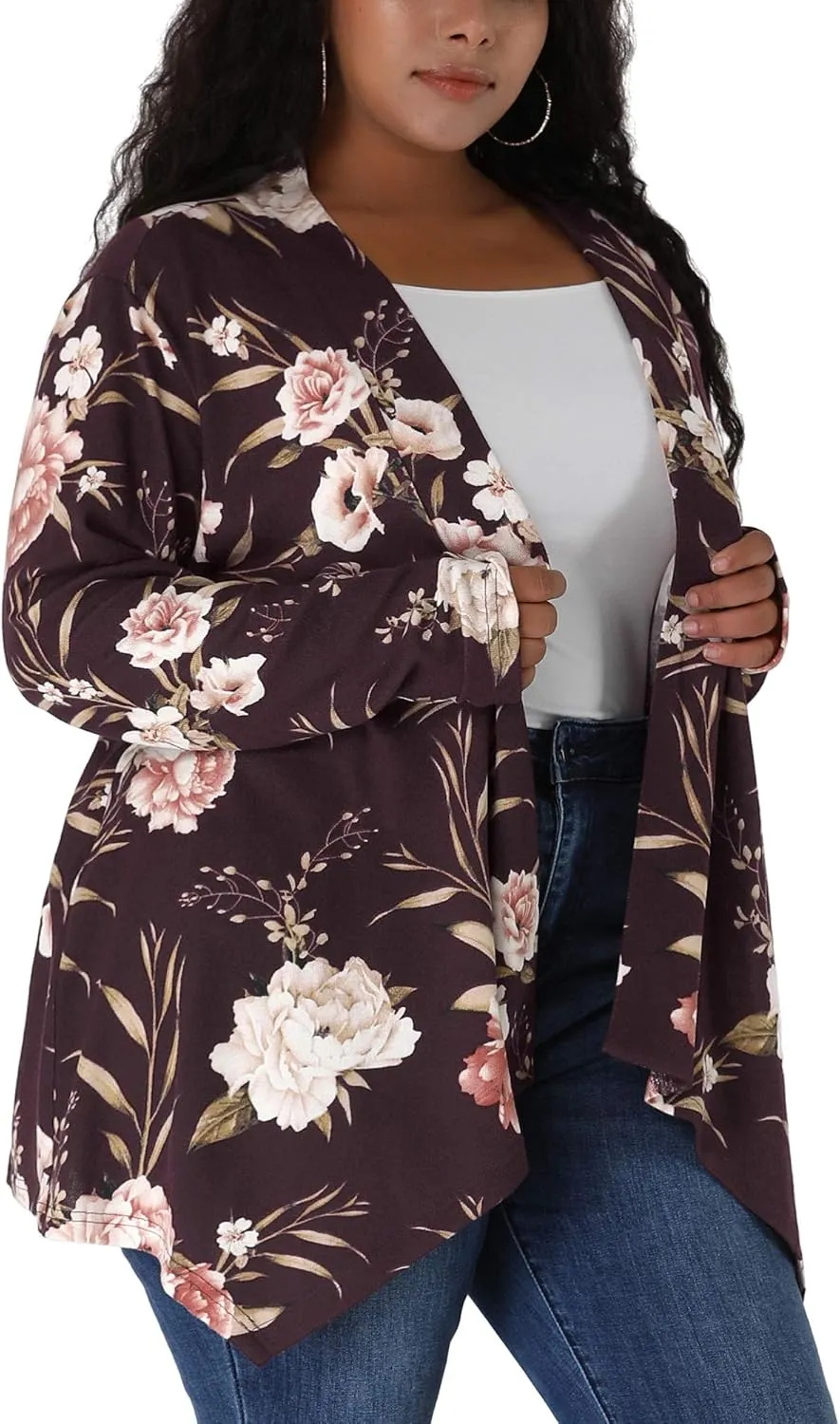 uxcell Women's Plus Size Cardigans Open Front Asymmetric Hem Printed Lightweight Jacket Fall Knit Cardigan