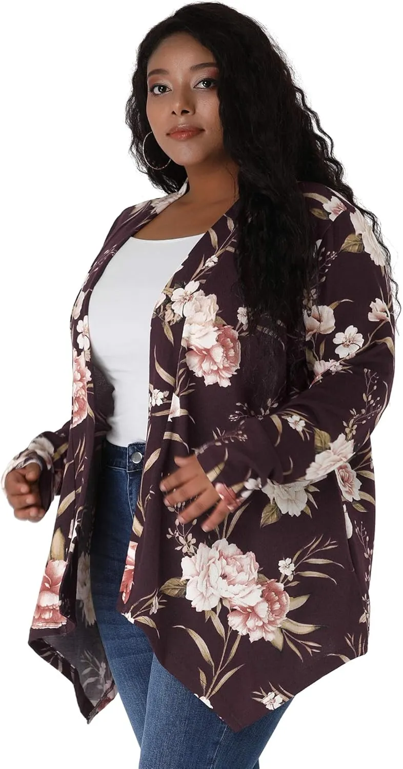 uxcell Women's Plus Size Cardigans Open Front Asymmetric Hem Printed Lightweight Jacket Fall Knit Cardigan