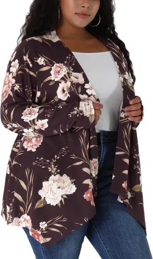 uxcell Women's Plus Size Cardigans Open Front Asymmetric Hem Printed Lightweight Jacket Fall Knit Cardigan
