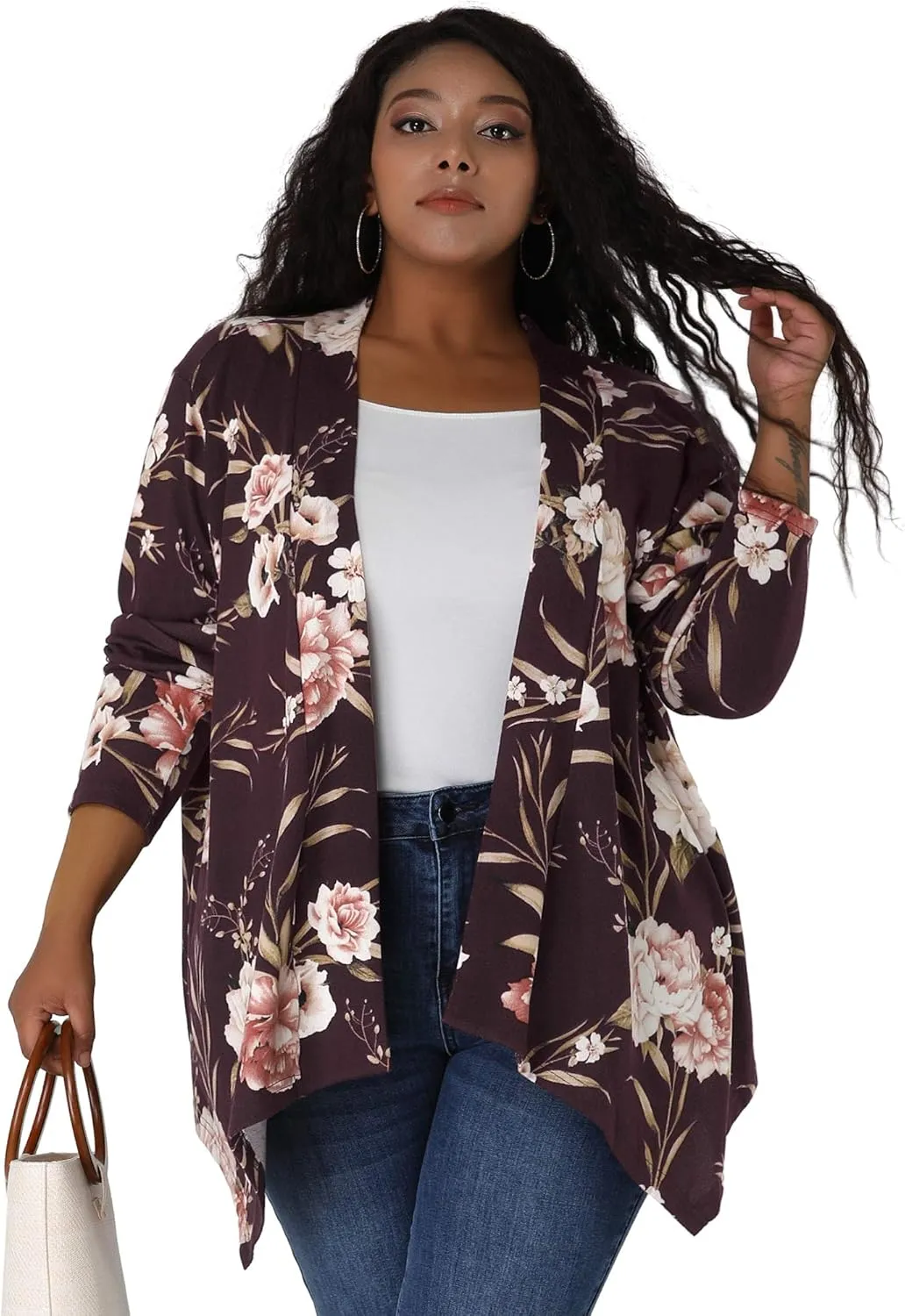 uxcell Women's Plus Size Cardigans Open Front Asymmetric Hem Printed Lightweight Jacket Fall Knit Cardigan