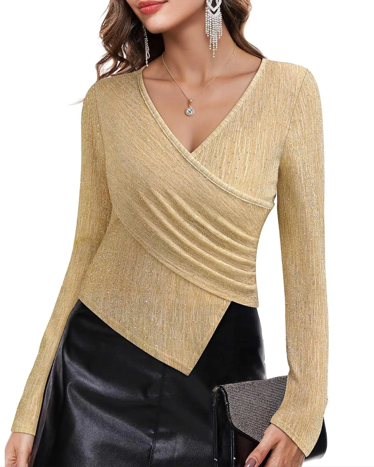 VALOLIA Womens Sparkly Tops Rhinestone Shiny Long Sleeve Ruched Asymmetrical Sparkle Blouses Cocktail Party Evening Shirts