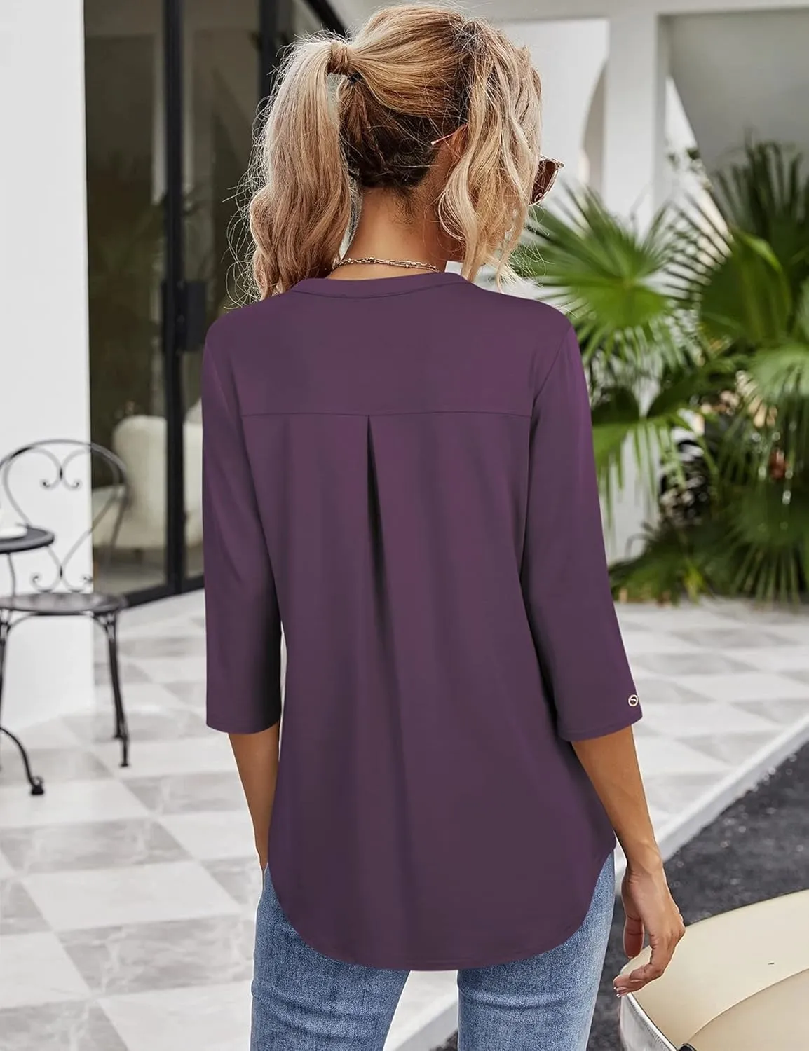 VALOLIA Womens Tops 3/4 Sleeve Shirts V Neck Blouses Dressy Casual Tunic Tops M-XXL