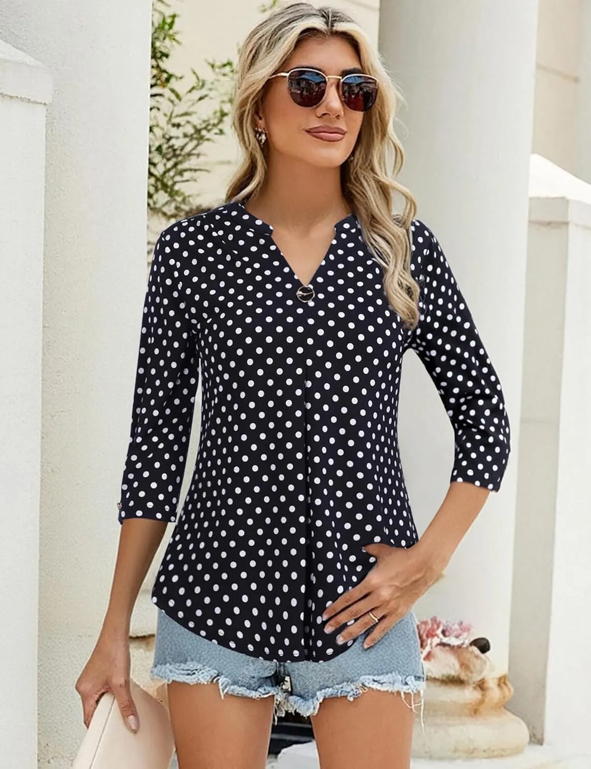 VALOLIA Womens Tops 3/4 Sleeve Shirts V Neck Blouses Dressy Casual Tunic Tops M-XXL