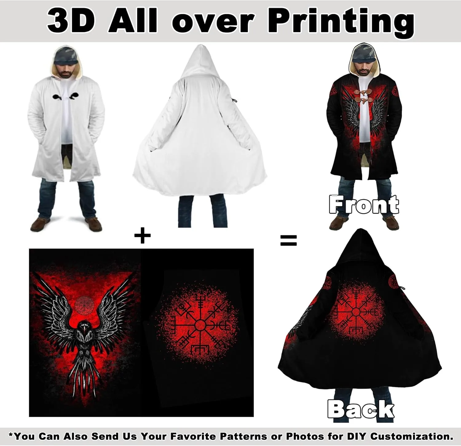 Viking Raven Tattoo Men's Winter Heavyweight Hoodie, Warm Faux Sherpa Hooded Cloak, Mid-Length Parka, Medieval Jacket Coat