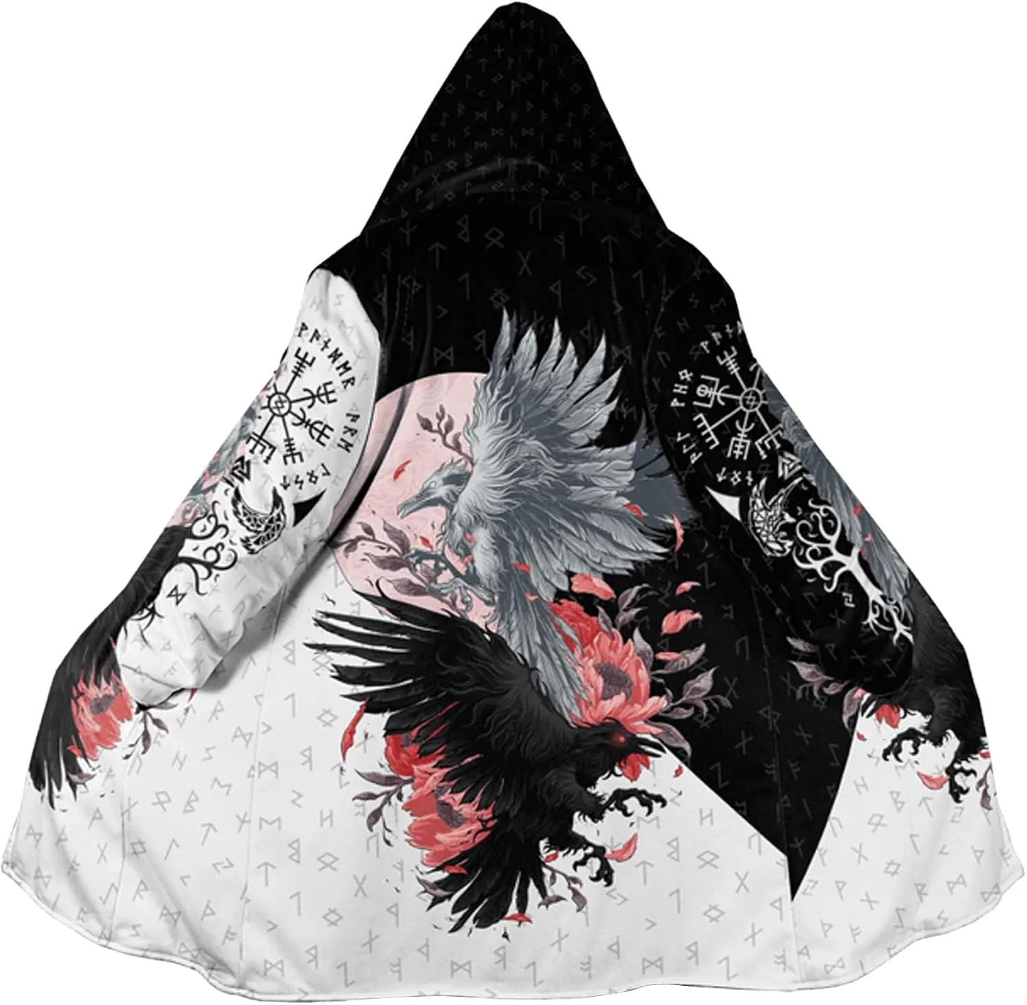 Viking Raven Tattoo Men's Winter Heavyweight Hoodie, Warm Faux Sherpa Hooded Cloak, Mid-Length Parka, Medieval Jacket Coat