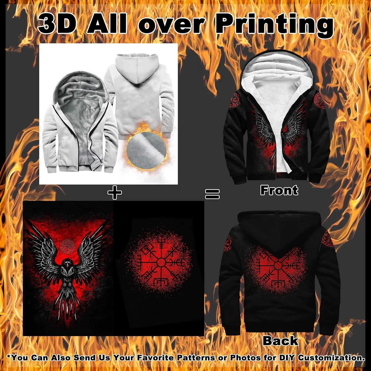 Viking Raven Tattoo Men's Winter Heavyweight Hoodie, Warm Faux Sherpa Hooded Cloak, Mid-Length Parka, Medieval Jacket Coat