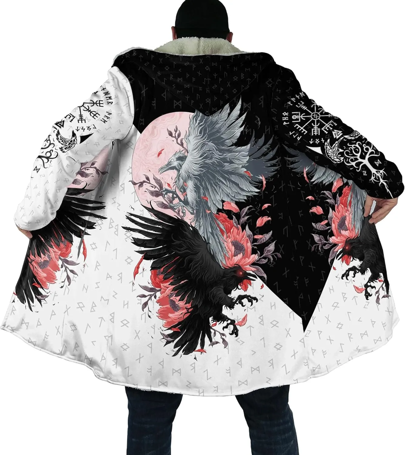 Viking Raven Tattoo Men's Winter Heavyweight Hoodie, Warm Faux Sherpa Hooded Cloak, Mid-Length Parka, Medieval Jacket Coat