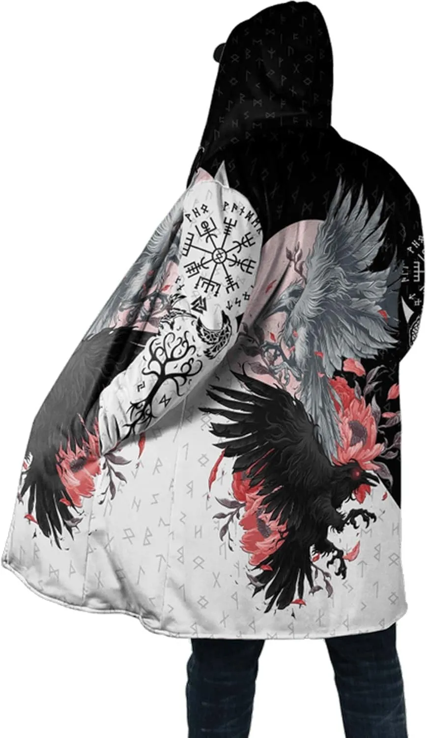 Viking Raven Tattoo Men's Winter Heavyweight Hoodie, Warm Faux Sherpa Hooded Cloak, Mid-Length Parka, Medieval Jacket Coat