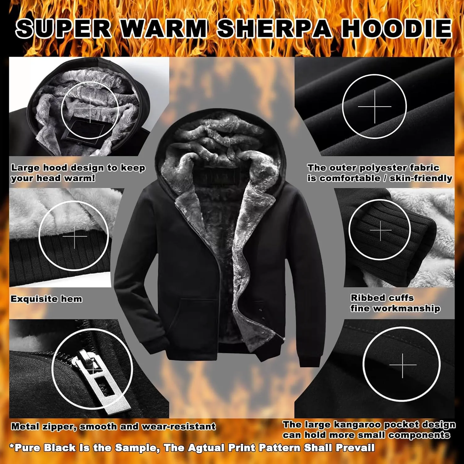 Viking Raven Tattoo Men's Winter Heavyweight Hoodie, Warm Faux Sherpa Hooded Cloak, Mid-Length Parka, Medieval Jacket Coat