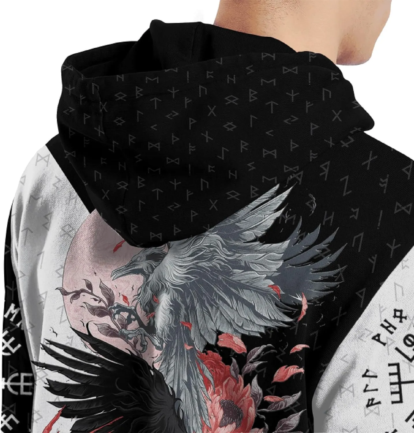 Viking Raven Tattoo Men's Winter Heavyweight Hoodie, Warm Faux Sherpa Hooded Cloak, Mid-Length Parka, Medieval Jacket Coat