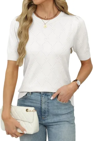 VIMPUNEC Womens Puff Short Sleeve Sweater Summer Crochet Pullover Tops Trendy Casual Knit Shirts Blouses