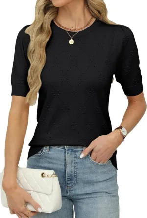 VIMPUNEC Womens Puff Short Sleeve Sweater Summer Crochet Pullover Tops Trendy Casual Knit Shirts Blouses
