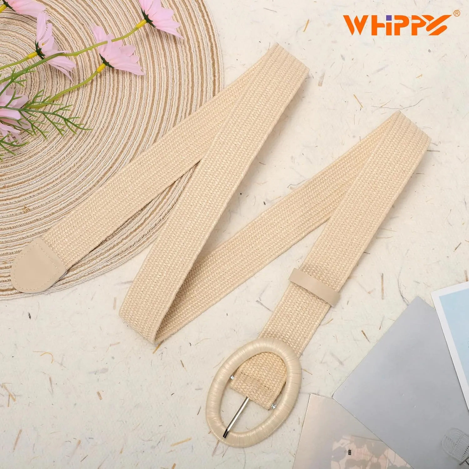 WHIPPY Women Straw Woven Elastic Stretch Waist Belt, Boho Braided Skinny Dress Belts for Women