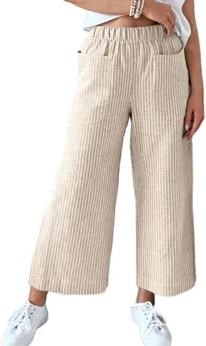 Wide Leg Linen Pants for Women High Waisted Trousers Casual Loose Straight Pant Elastic Waist Bottoms with Pockets