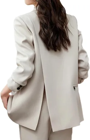 Women Back Slit Design Casual Blazer Long Sleeve Double Breasted Solid Loose Suit Coat
