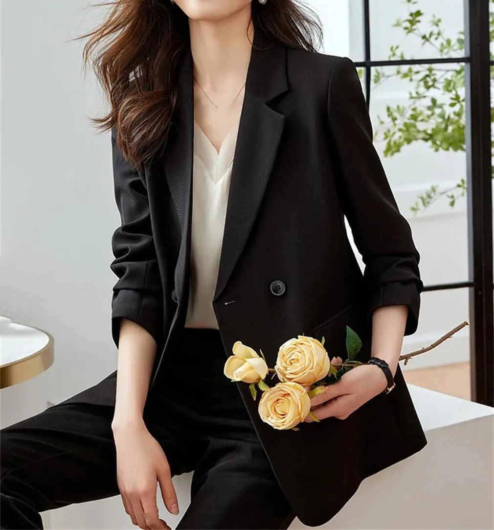 Women Back Slit Design Casual Blazer Long Sleeve Double Breasted Solid Loose Suit Coat