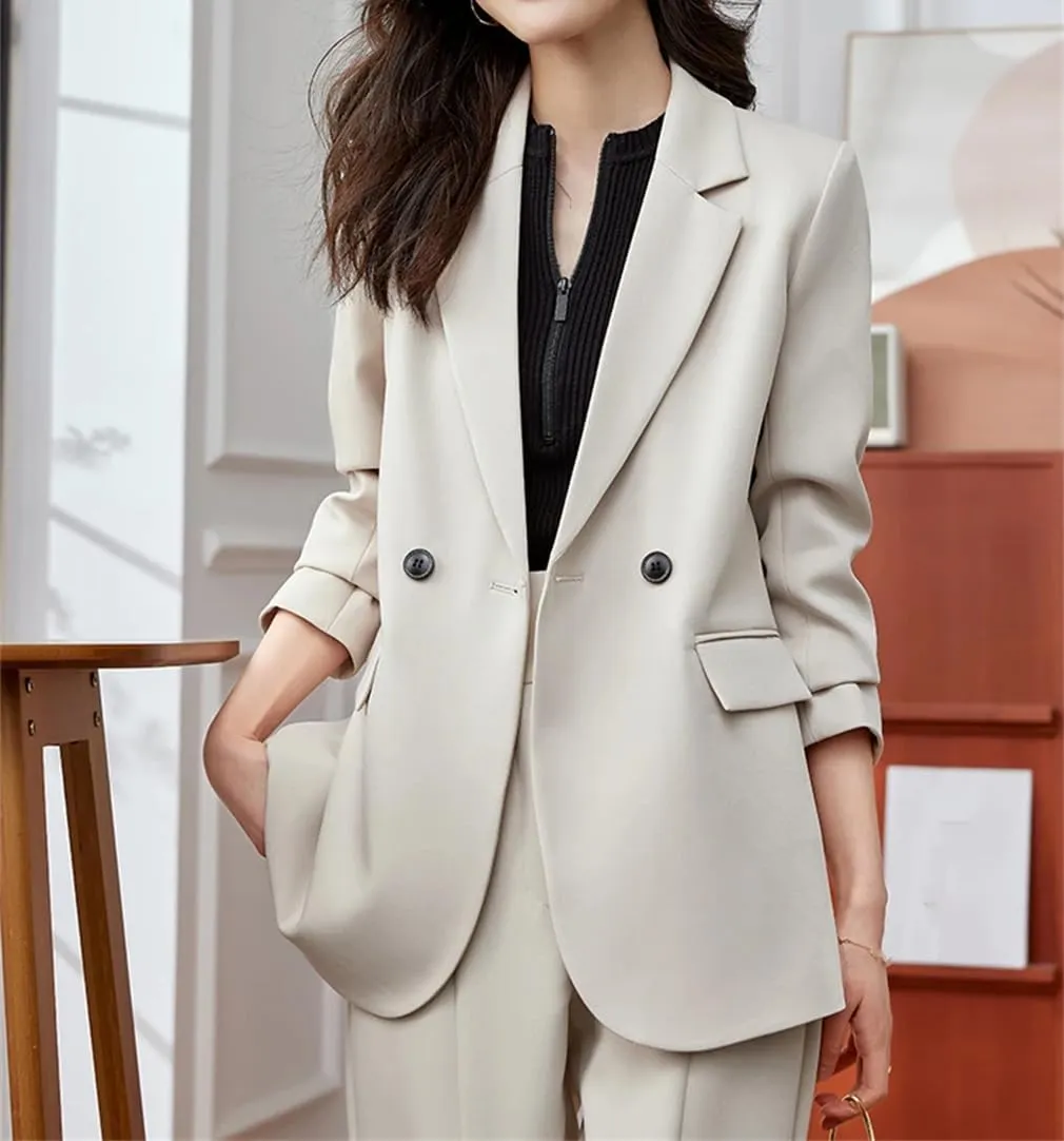 Women Back Slit Design Casual Blazer Long Sleeve Double Breasted Solid Loose Suit Coat
