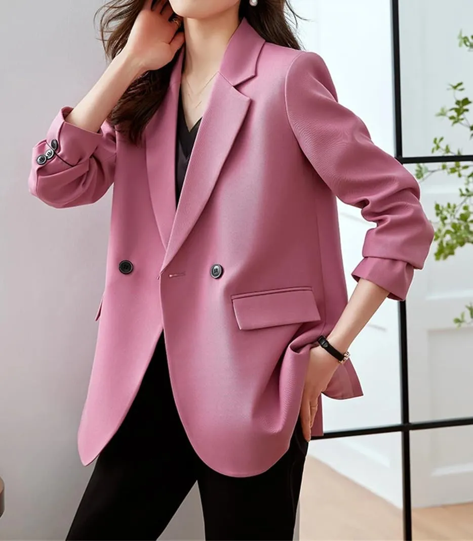 Women Back Slit Design Casual Blazer Long Sleeve Double Breasted Solid Loose Suit Coat
