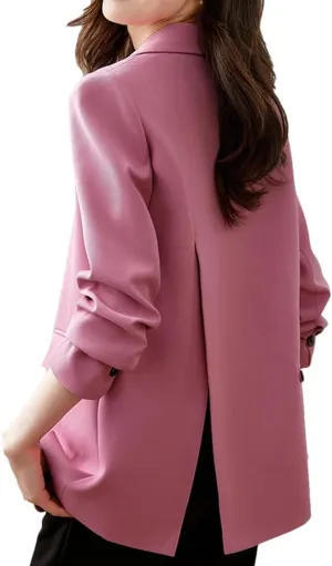 Women Back Slit Design Casual Blazer Long Sleeve Double Breasted Solid Loose Suit Coat