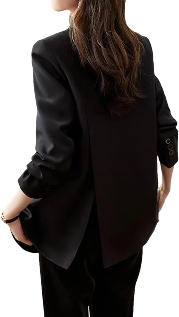 Women Back Slit Design Casual Blazer Long Sleeve Double Breasted Solid Loose Suit Coat