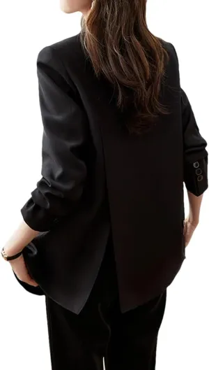 Women Back Slit Design Casual Blazer Long Sleeve Double Breasted Solid Loose Suit Coat