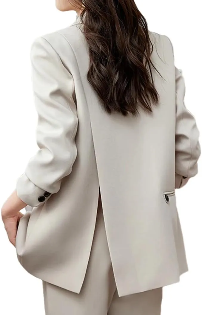 Women Back Slit Design Casual Blazer Long Sleeve Double Breasted Solid Loose Suit Coat
