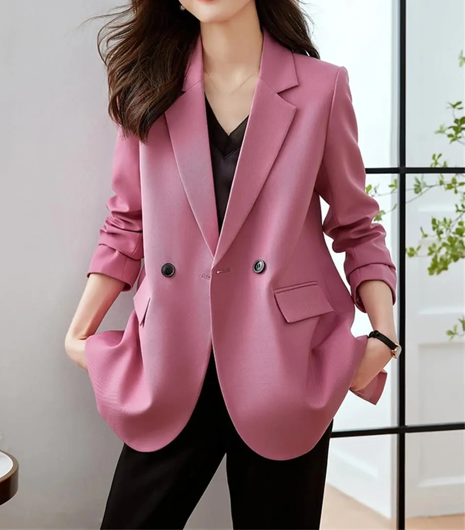 Women Back Slit Design Casual Blazer Long Sleeve Double Breasted Solid Loose Suit Coat