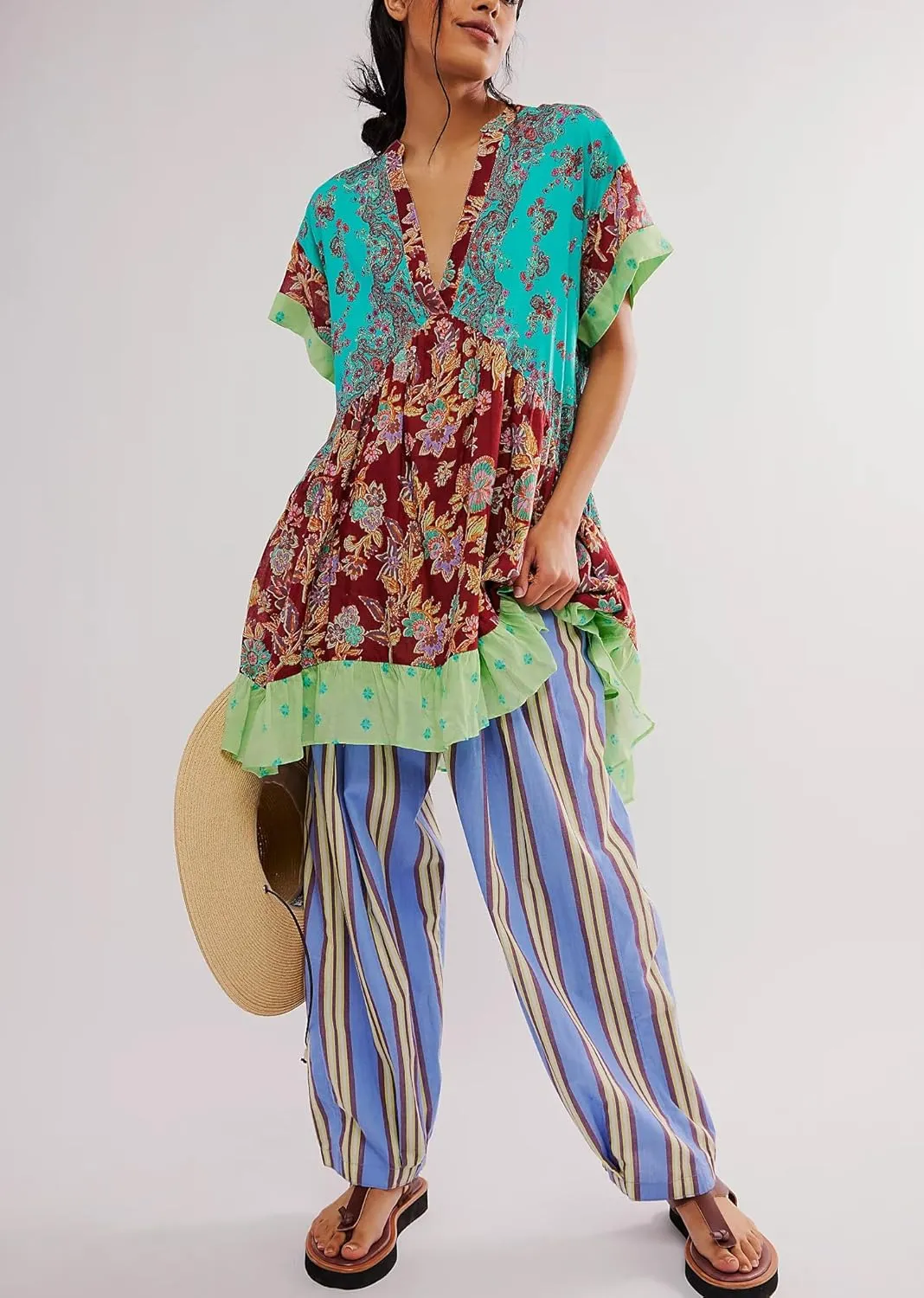 Women Boho Summer Dresses Y2K Babydoll Flowy Dress Ruffle Mini Dress Deep V-Neck Casual Floral Sundress