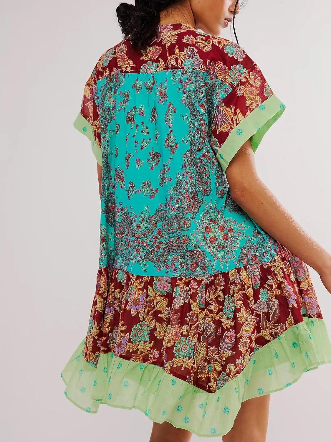 Women Boho Summer Dresses Y2K Babydoll Flowy Dress Ruffle Mini Dress Deep V-Neck Casual Floral Sundress